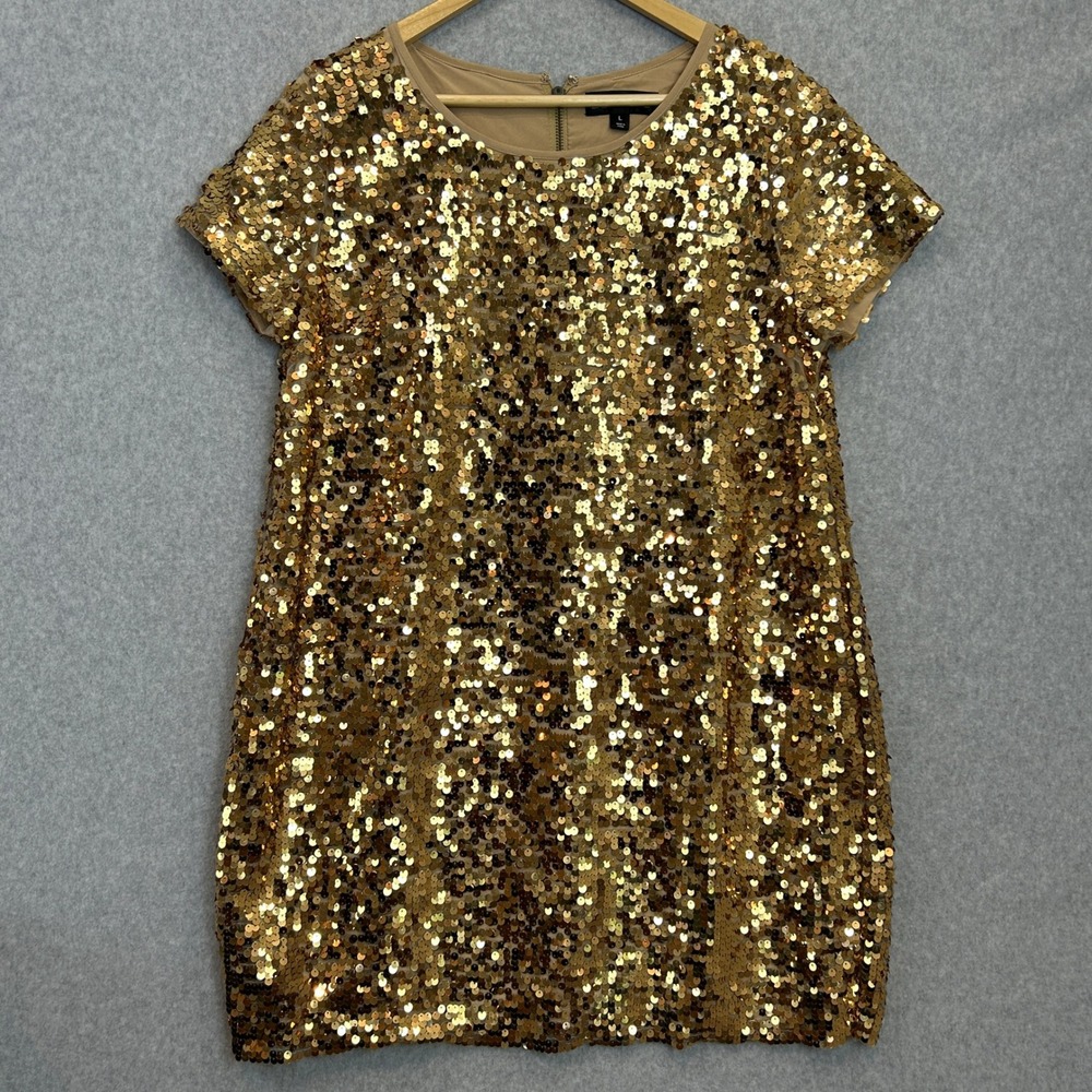 LU NYC Dress Gold Sequin Short Sleeve Shift Holiday Party Glam Disco Size Large